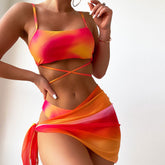 Gradient Sarong Tie Dye Wrap Bralette Brazilian Three Piece Bikini Swimsuit